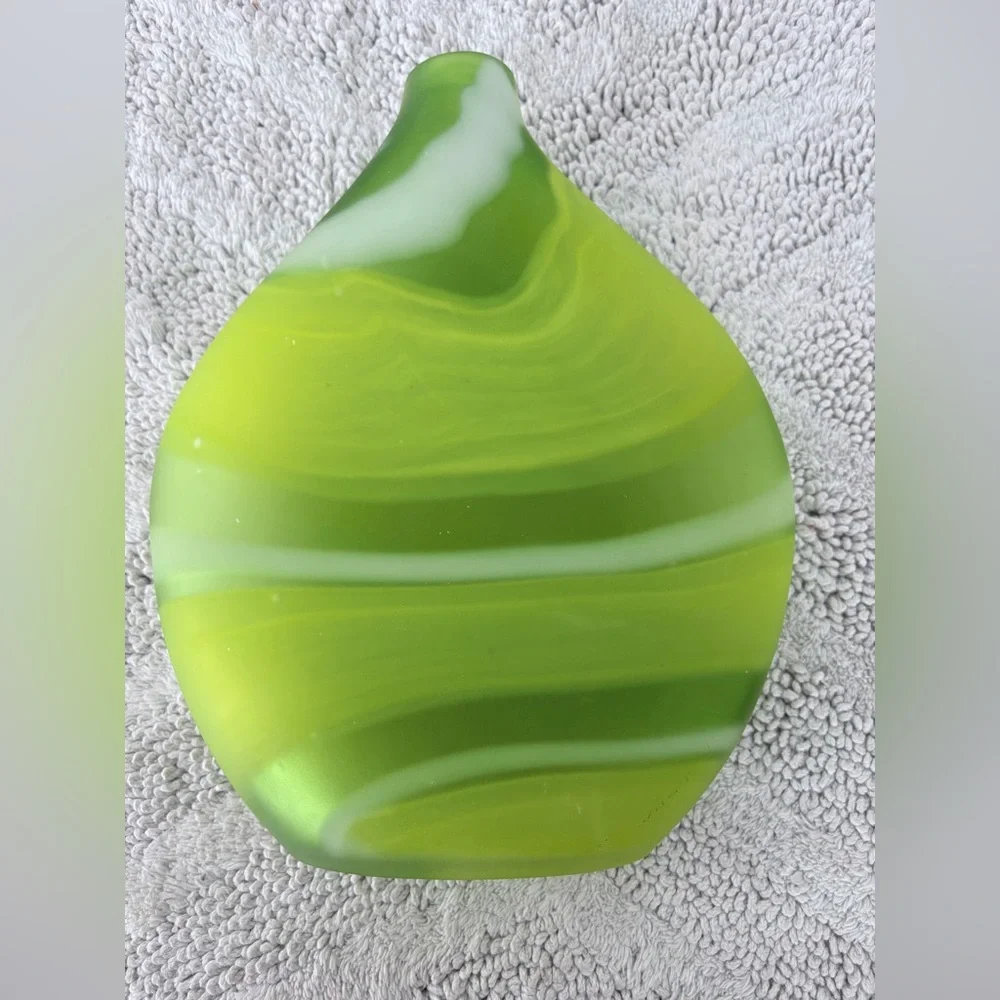 CRATE & BARREL Frosted Glass LIMA Vase Greens White Swirl 11